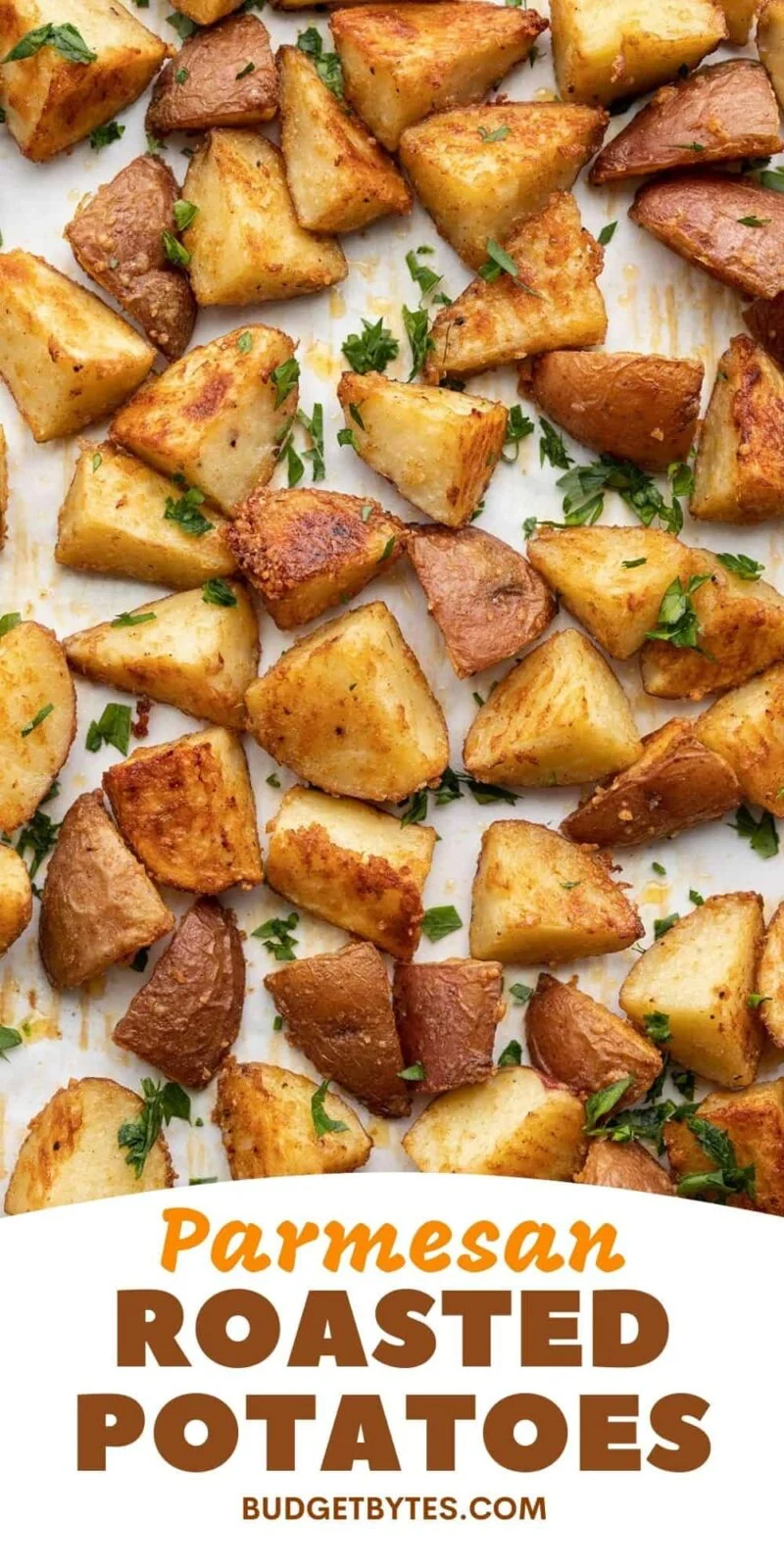 close up of Parmesan Roasted Potatoes, title text at the bottom