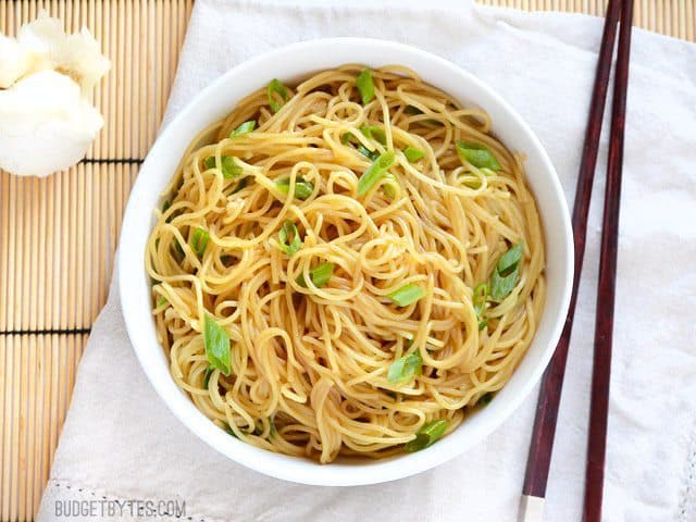 Overhead view of Garlic Noodles in a bowl