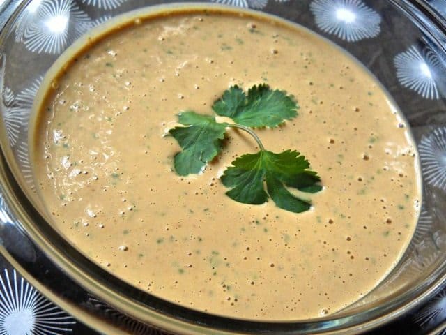 Bowl of spicy Thai peanut sauce ready for dipping.