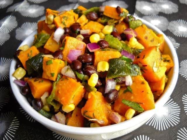 Roasted poblano and sweet potato salad in a bowl.