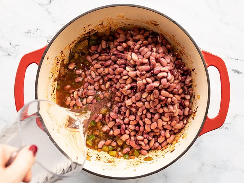 Drained red beans and water added to the pot