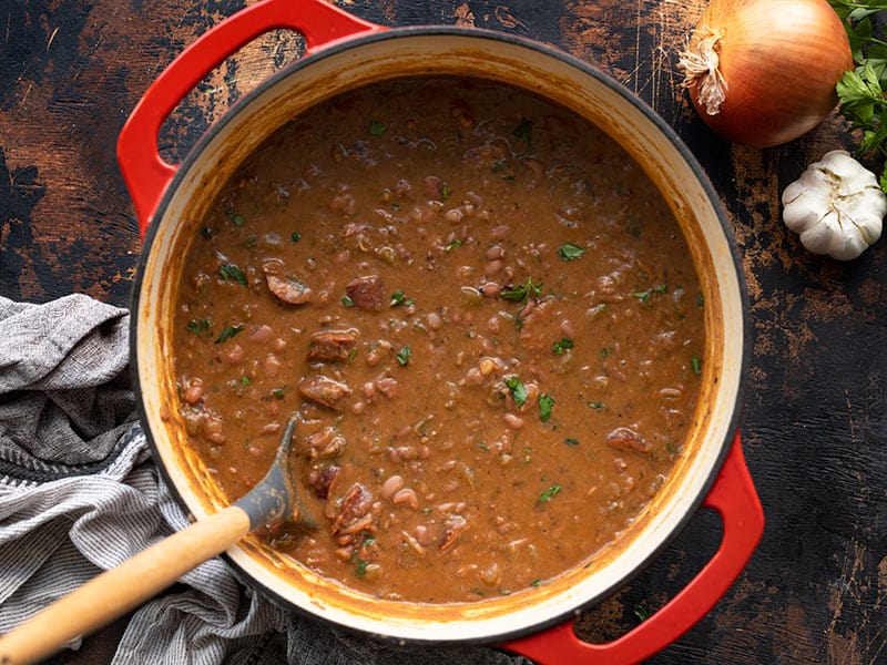 Overhead view of a pot full of Louisiana Red Beans