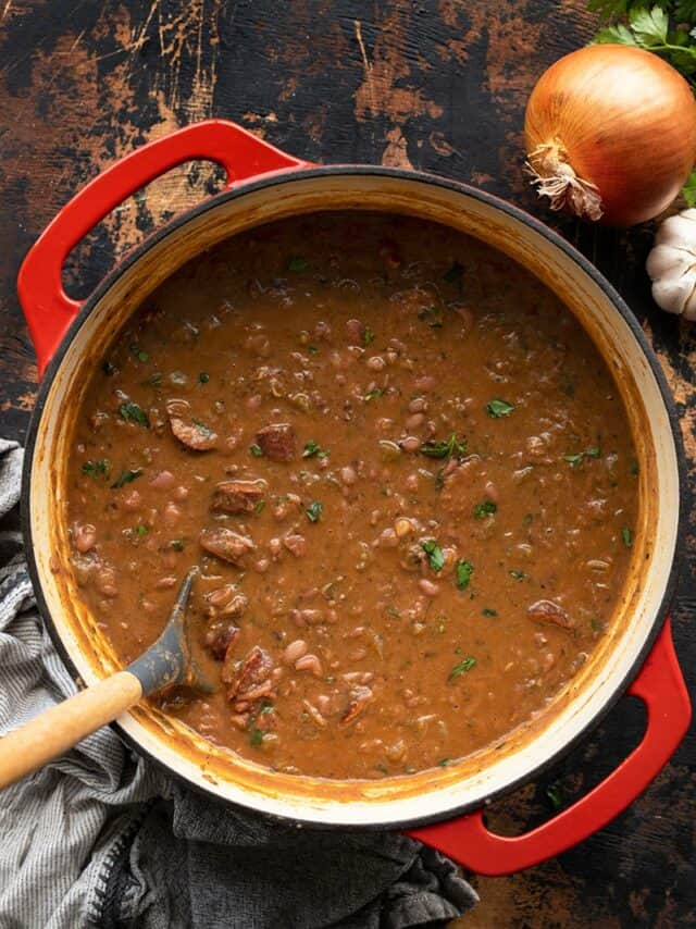 Red beans and rice in a red Dutch oven