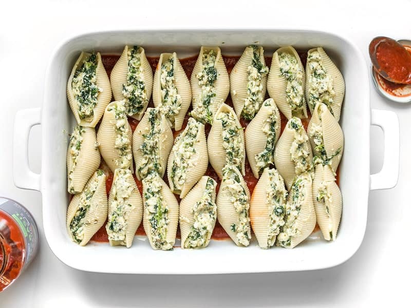 Pesto Stuffed Shells in Casserole Dish