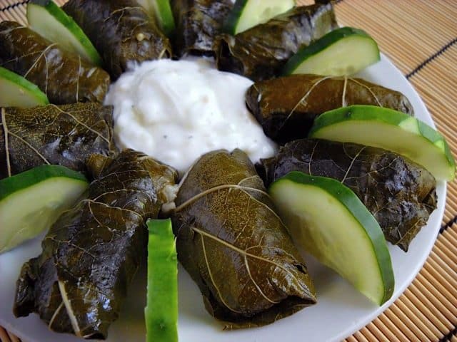 Close-up of dolmas filled with rice and herbs.