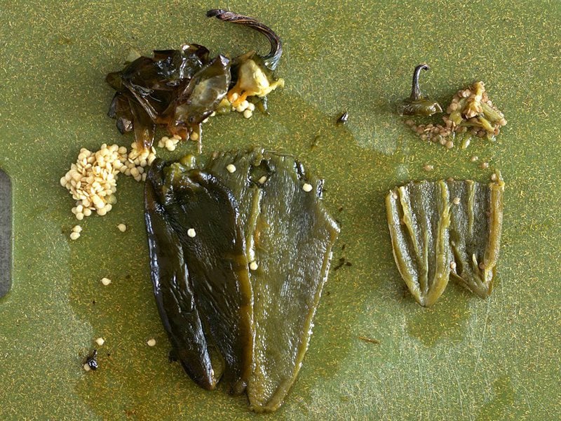 Poblano and Jalapeño peeled with seeds removed 