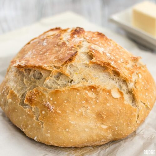 Front view of no-knead bread on a baking sheet.