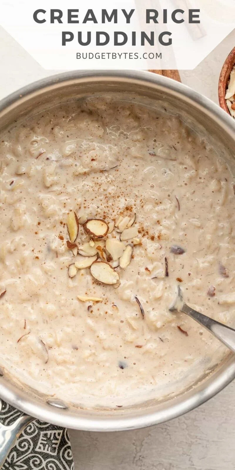 Close up overhead view of a pot full of rice pudding garnished with almonds.