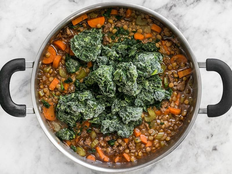 Frozen Spinach added to Lentil & Sausage Stew