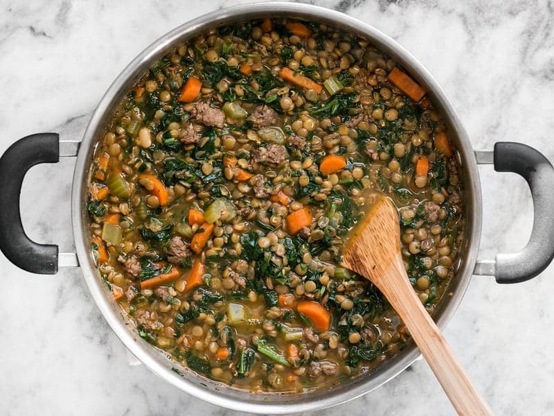 Top view of Lentil & Sausage Stew Finished in pot 