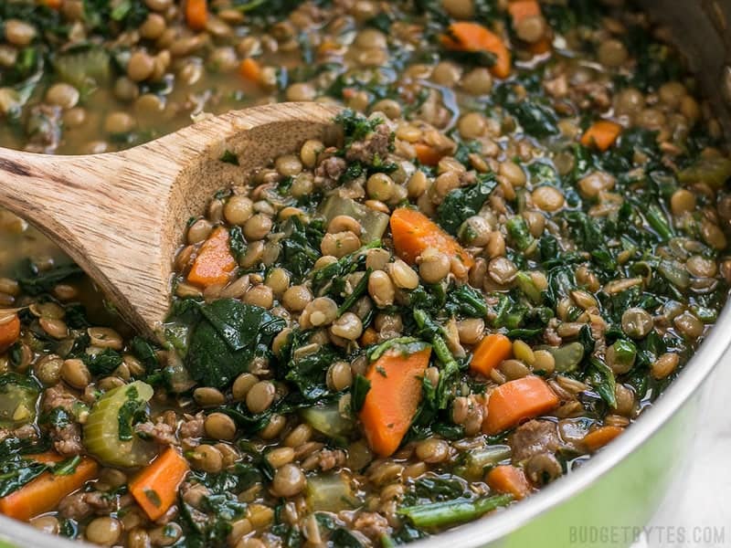 close up of Lentil & Sausage Stew in pan 