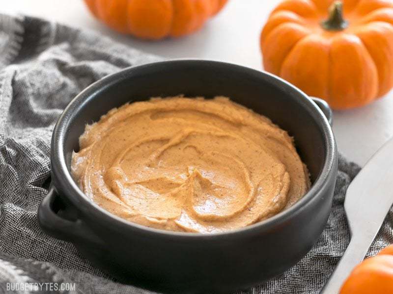 Pumpkin cream cheese spread in a bowl alongside with pumpkins.