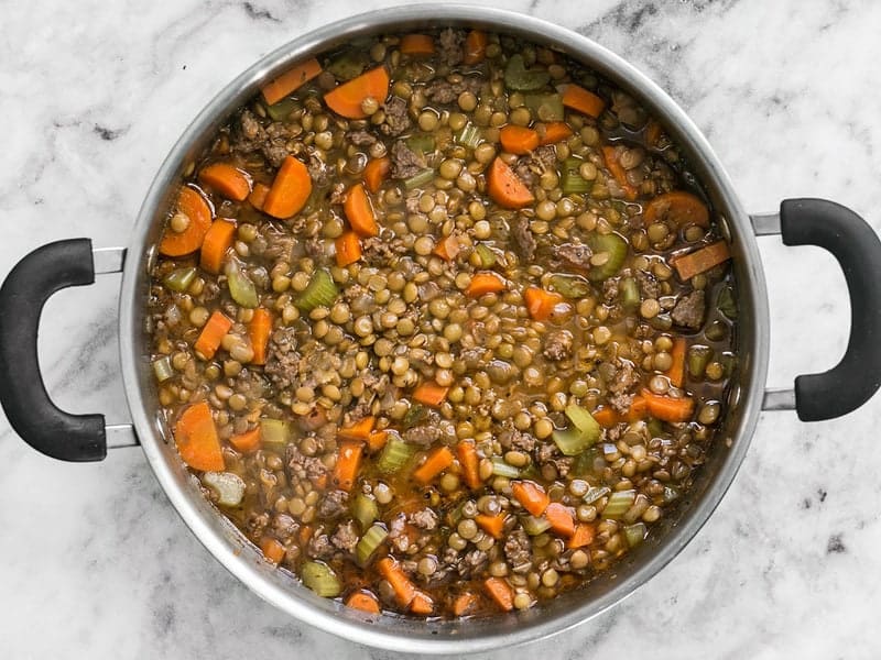 Lentil & Sausage Stew simmering 