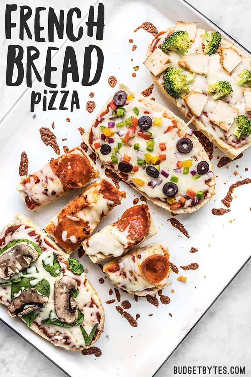 French Bread Pizza is the perfect budget-friendly fast and easy weeknight dinner. Customize the toppings to fit your taste buds or what you have on hand! Budgetbytes.com