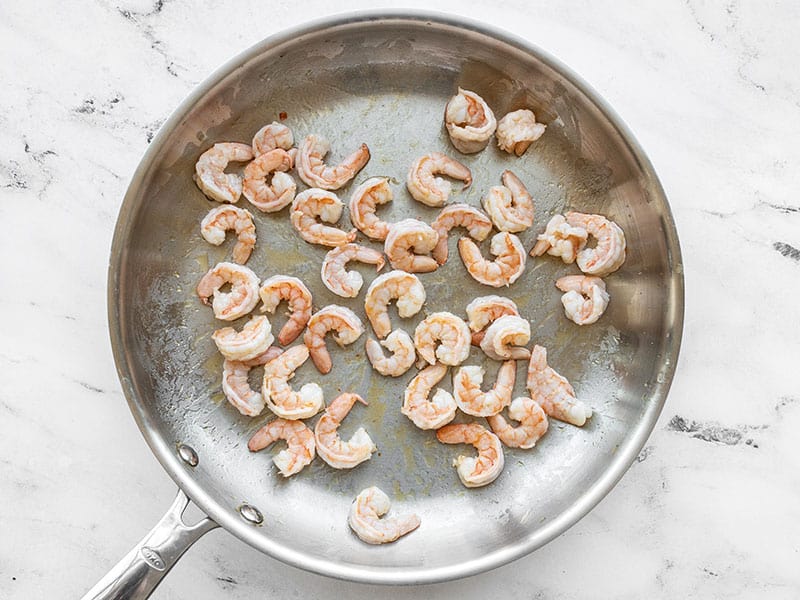 Cooked shrimp in a skillet