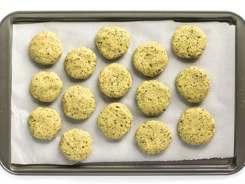 Shaped Falafel on pan lined with parchment paper