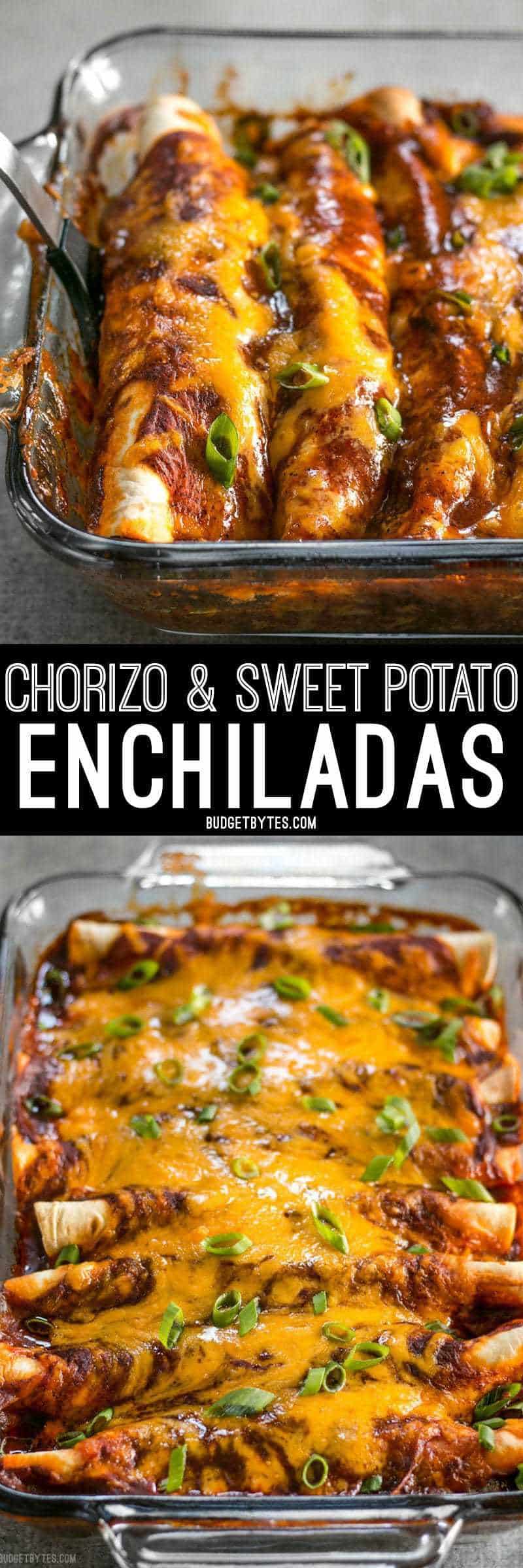 These award winning Chorizo and Sweet Potato enchiladas have a perfectly balanced sweet and spicy flavor that will leave you wanting more. BudgetBytes.com