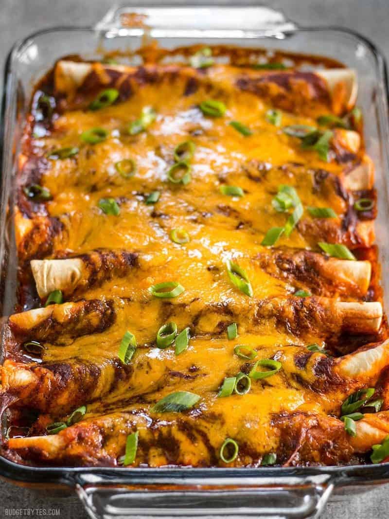 Front view of Chorizo and Sweet Potato enchiladas in the casserole dish