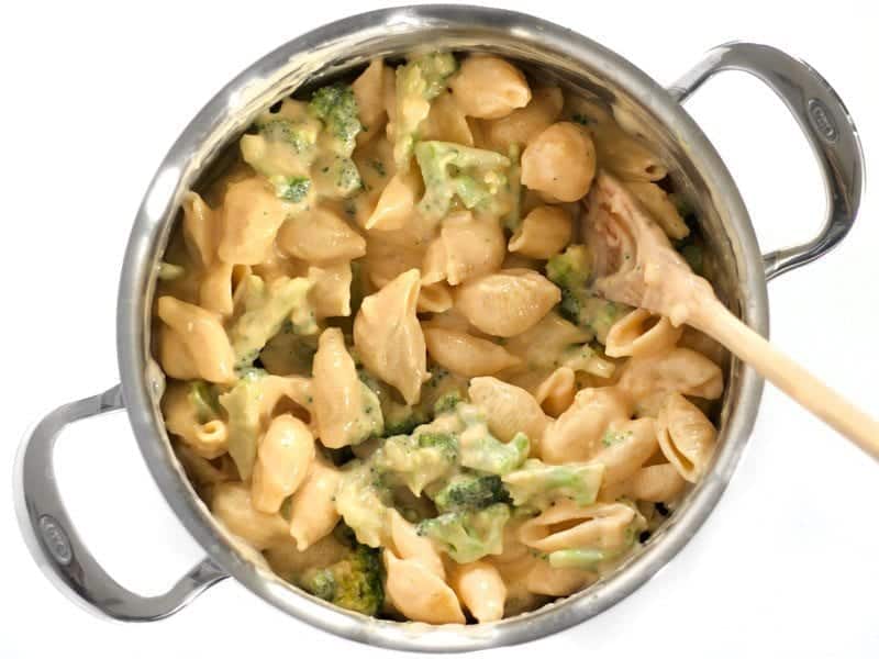 Top view of a pot of Finished Broccoli Shells and Cheese