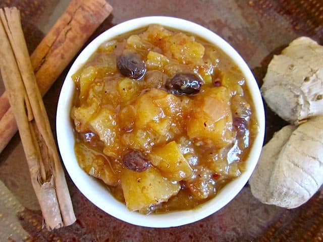 Mango chutney in a small bowl from above.