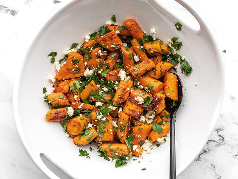 Finished Roasted Carrot and Feta Salad in a white serving dish