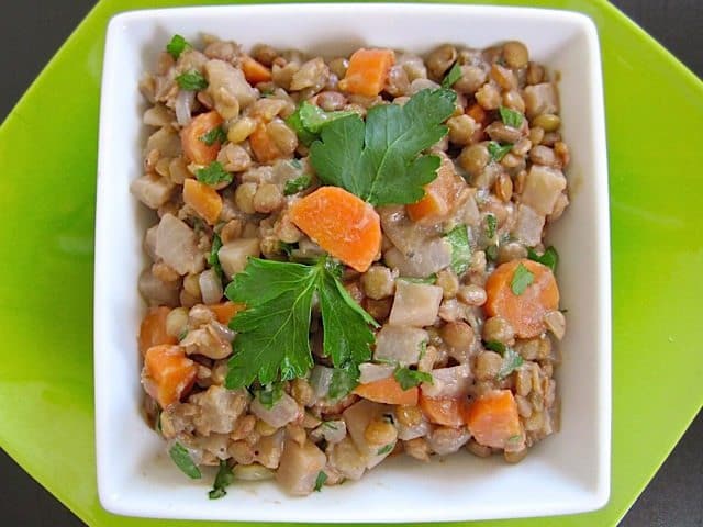 Dijon lentil salad served in a bowl.