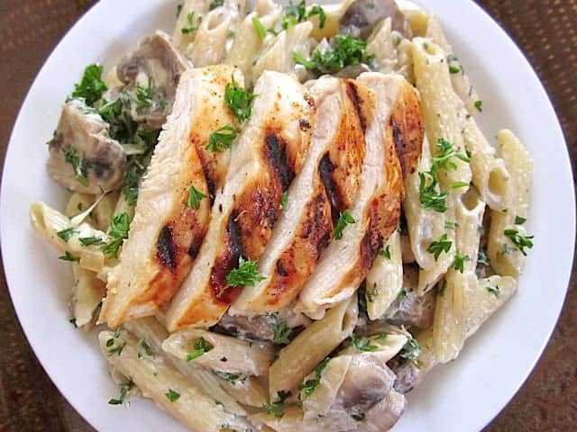 Mushroom pasta displayed from above.