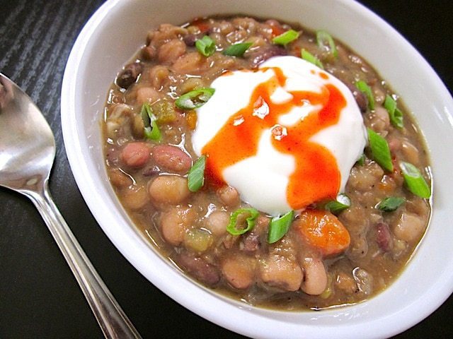 Angle view of bean soup in a bowl.