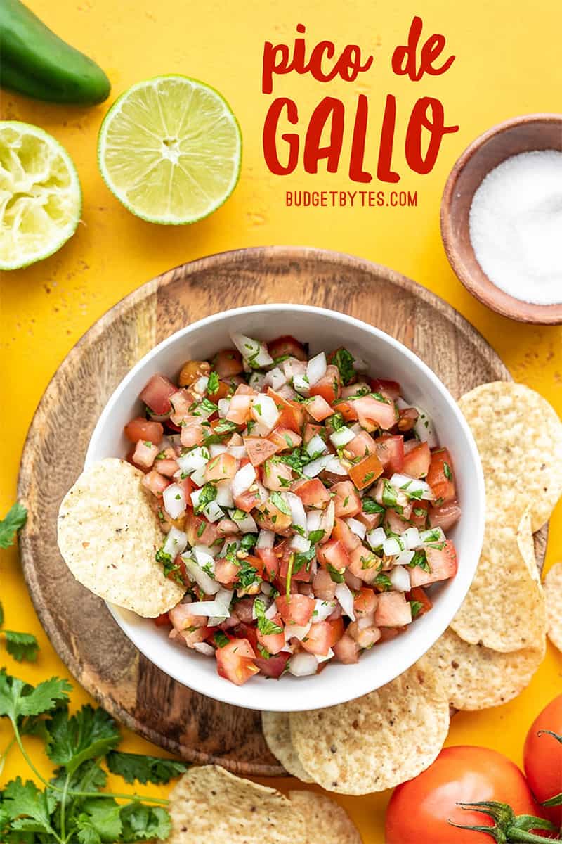 Overhead view of a bowl full of pico de gallo surrounded by chips, tomatoes, cilantro, limes, and salt