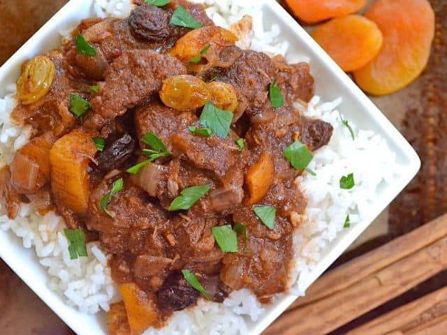 Moroccan beef stew served in a bowl.