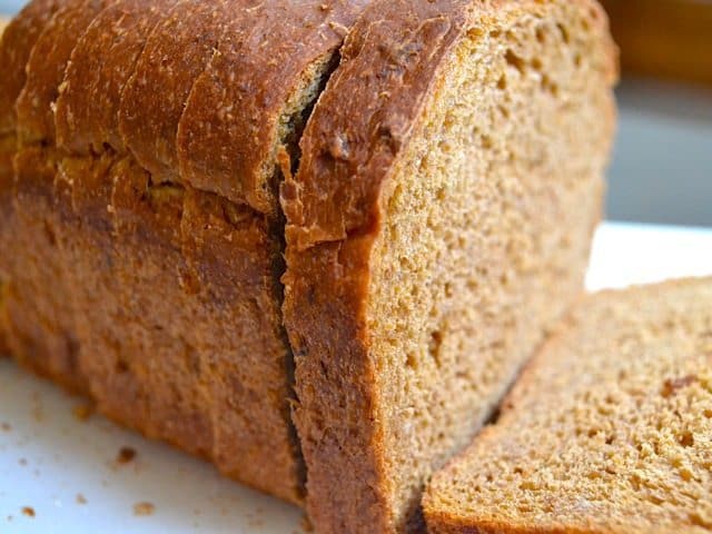 Sliced molasses oatmeal bread close-up.