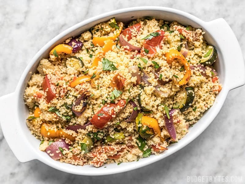 Overhead view of Roasted Vegetable Couscous in a casserole dish