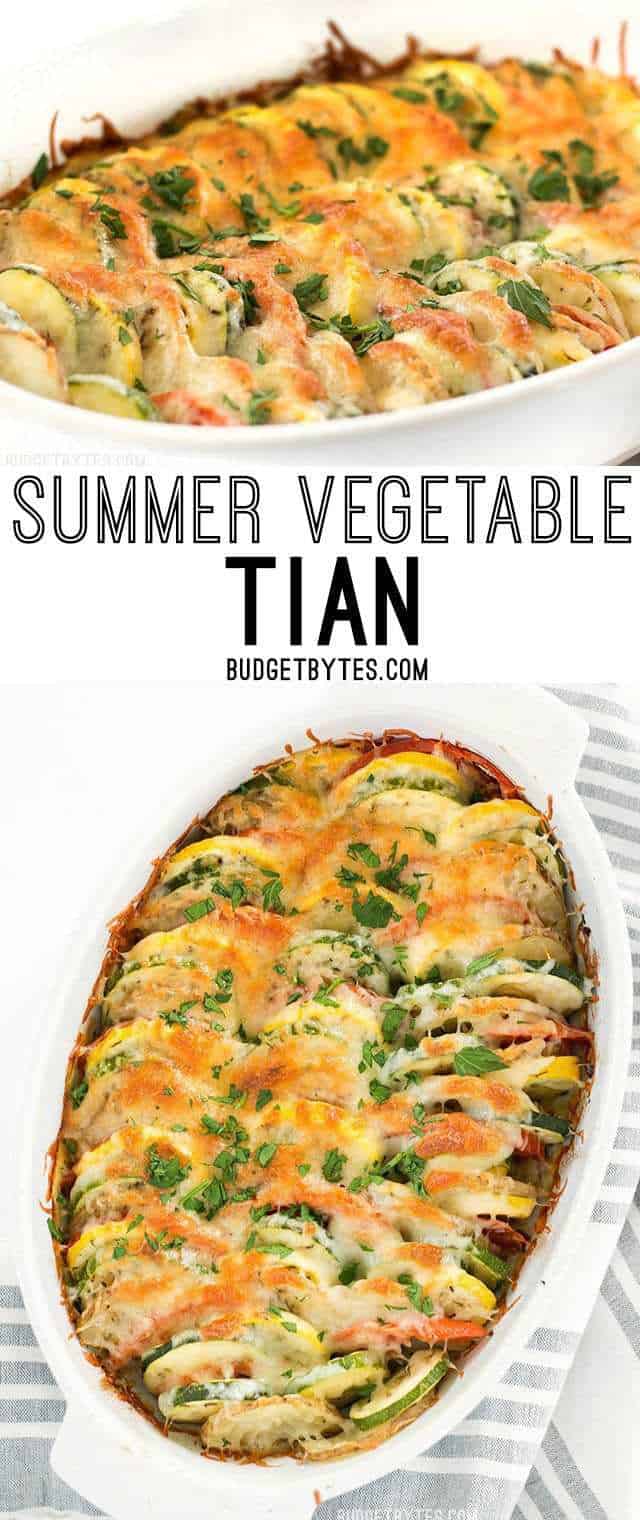 Fresh summer vegetables and savory herbs are layered together then topped with cheese before baking to perfection in this Summer Vegetable Tian. BudgetBytes.com