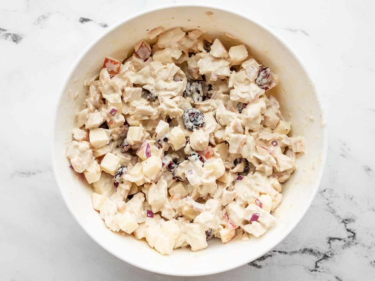 Finished chicken salad with apples in a bowl