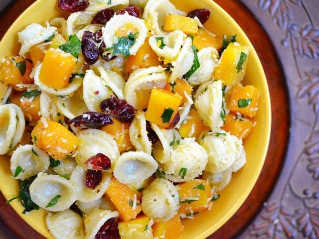 Close-up of butternut pasta salad in a bowl.