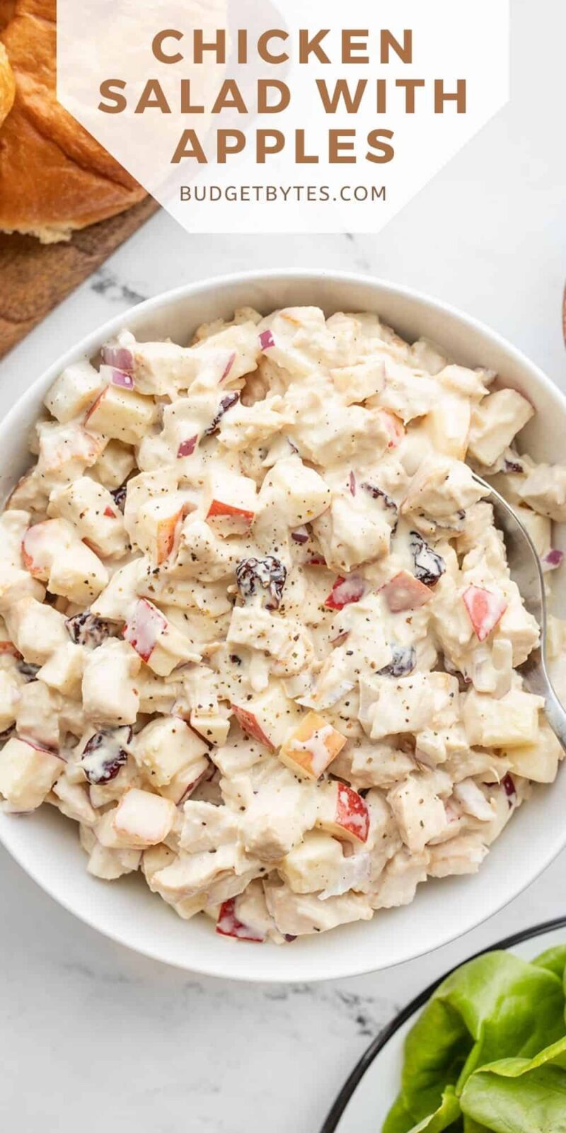 close up overhead view of chicken salad in a bowl, title text at the top