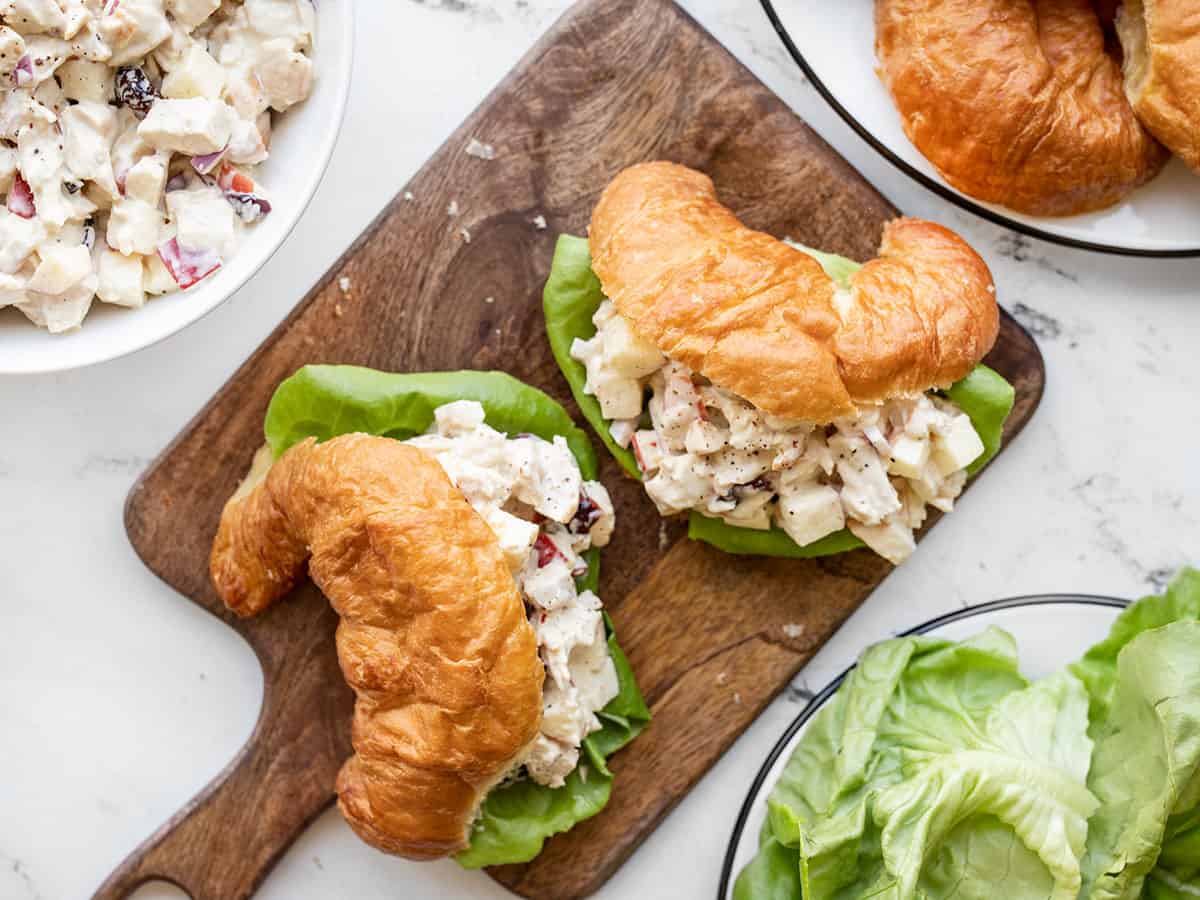 Overhead view of chicken salad sandwiches with croissants