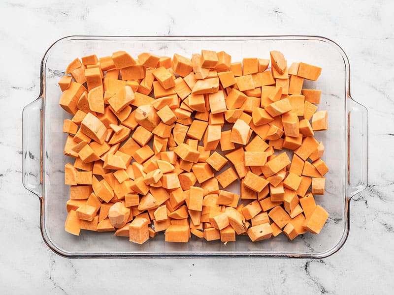 Diced sweet potatoes in casserole dish