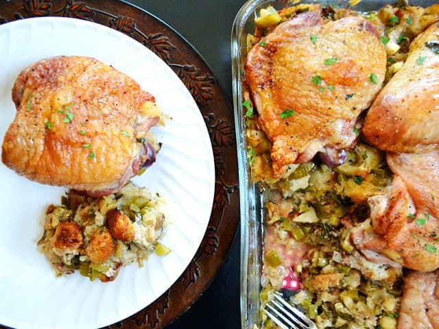 Close-up of turkey stuffing on a plate.