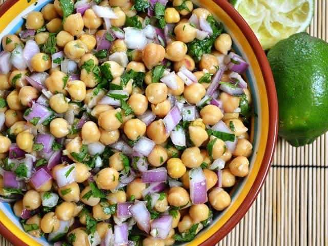 Close-up of cumin lime chickpeas in a bowl.