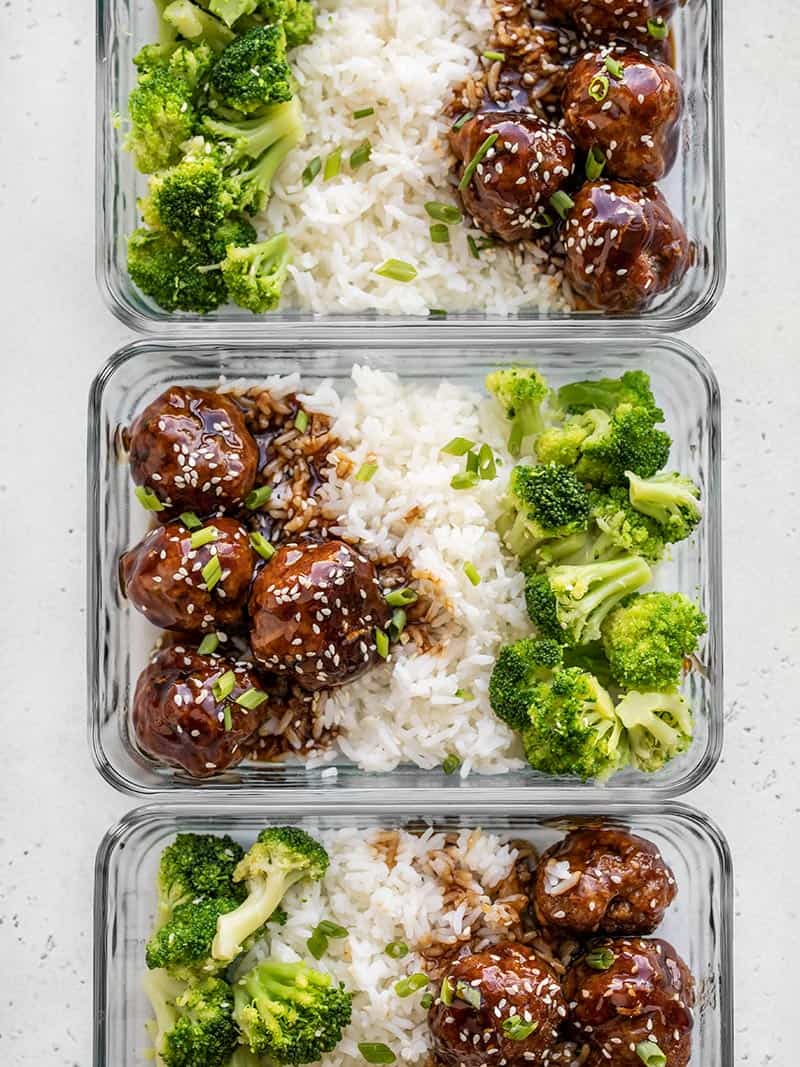 Teriyaki meatball bowls in rectangular glass meal prep containers