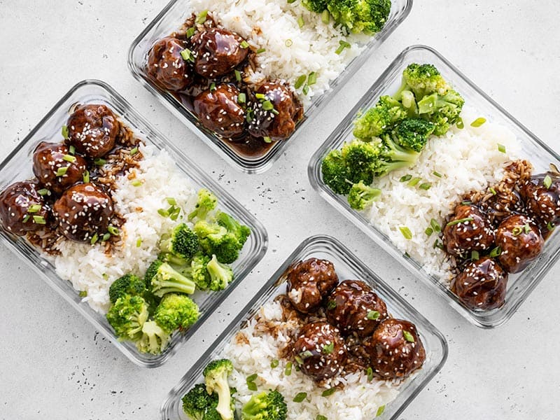 Teriyaki Meatball bowls in rectangular glass meal prep containers