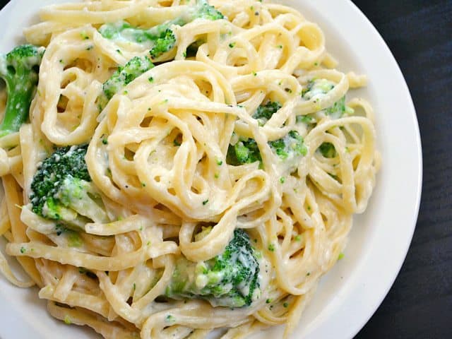 Broccoli fettuccine pasta served on a plate.