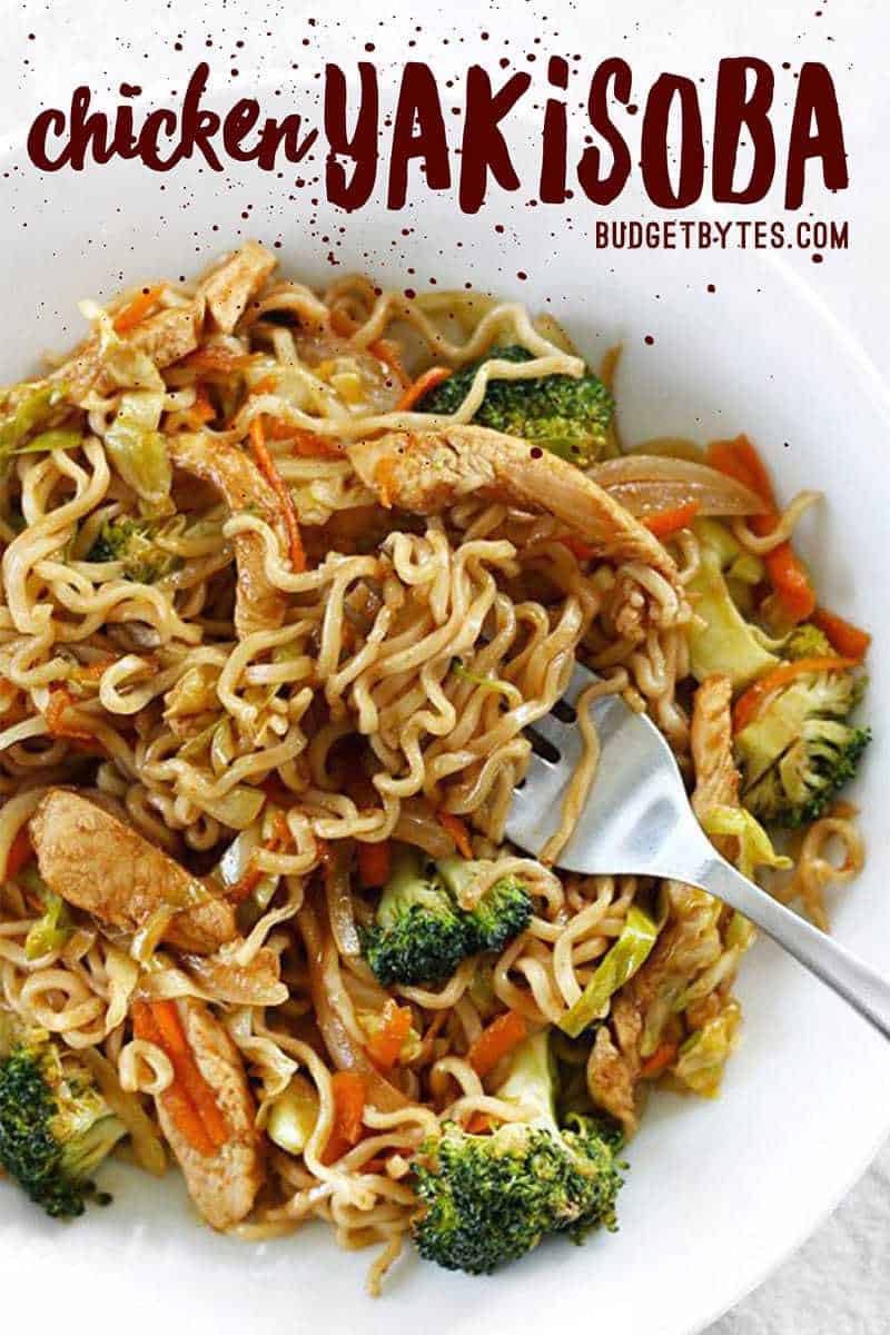 Skip take out and make these easy and addictive Chicken Yakisoba noodles that are full of chicken and vegetables, and drenched in a sweet and tangy sauce! Budgetbytes.com