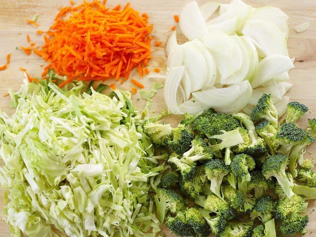 Sliced Vegetables on a wooden cutting board