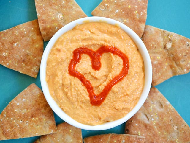 Close-up of sriracha hummus in a bowl.