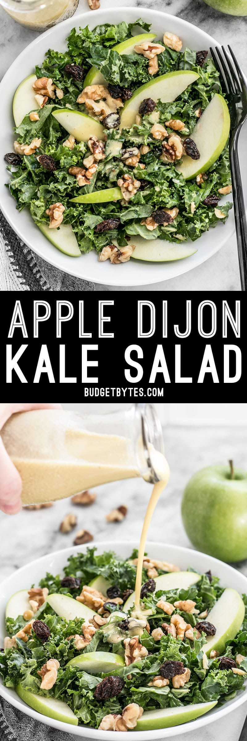 This Apple Dijon Kale Salad is tangy, sweet, and crunchy with Granny Smith apples, walnuts, raisins, and a homemade Dijon vinaigrette. BudgetBytes.com