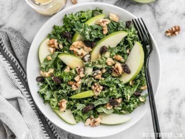 This Apple Dijon Kale Salad is tangy, sweet, and crunchy with Granny Smith apples, walnuts, raisins, and a homemade Dijon vinaigrette. BudgetBytes.com