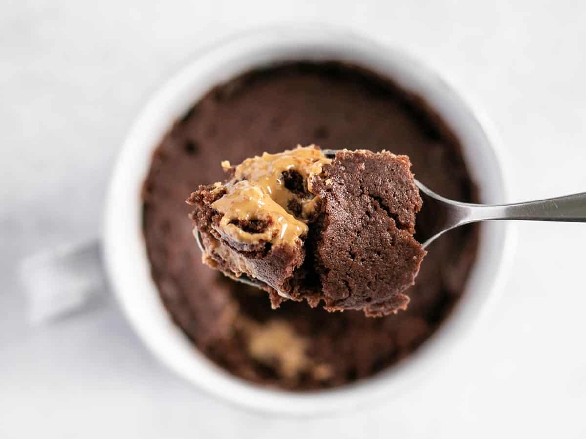 Close up of a spoonful of chocolate cake with the mug in the background.