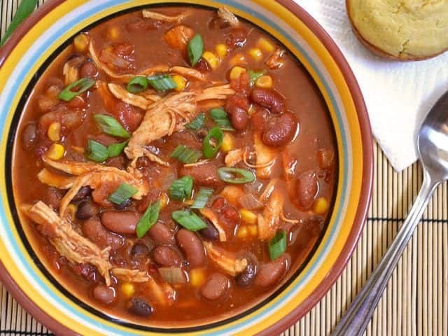 Close-up of chipotle chicken chili in a bowl.